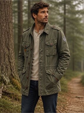 Lindbergh Mens M Olive Field Jacket Utility Military Safari Cotton Zip Button
